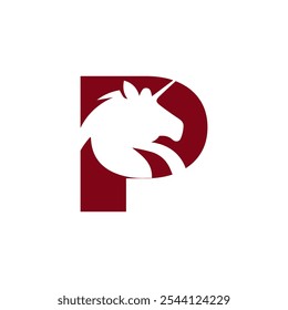 A unique and eye-catching logo design featuring a white unicorn silhouette creatively integrated into a red letter P. Perfect for branding, representing magic, creativity, or fantasy themes.