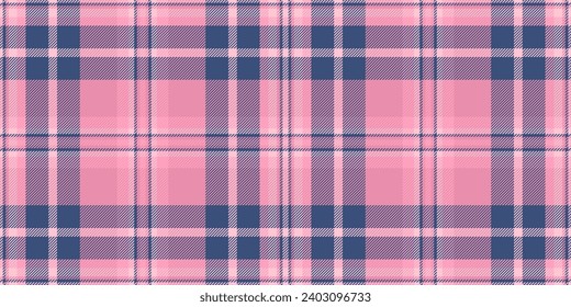 Fondo único de comprobación de tela, textura de patrón sin soldadura a cuadros. Tartán textil con vector de trenzado de borde en color azul y rosa.