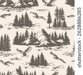 A unique fabric design featuring mountains flying eagles and dense pine trees. The pattern creates a serene nature scene suitable for various textile applications.