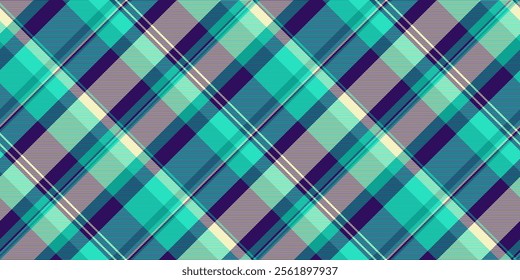 Unique fabric seamless pattern, us textile background texture. Elementary plaid vector tartan check in teal and violet colors palette.