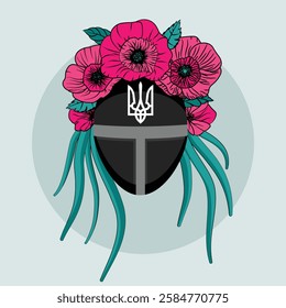 A unique fan art illustration blending the iconic Squid Game masked guard design with Ukrainian cultural elements. The black tactical mask features the Tryzub (Ukrainian trident)