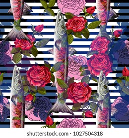 Unique fashion sealess pattern  with fish barracuda and roses  i