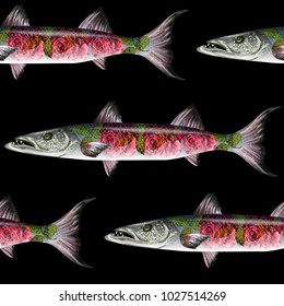 Unique fashion sealess pattern  with fish barracuda and roses. V