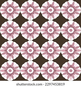 Unique and fashionable seamless pattern with pink and white flower motif overlaid on brown background creates luxurious optical illusion of symmetry. Ideal for vintage home decor or cheerful.