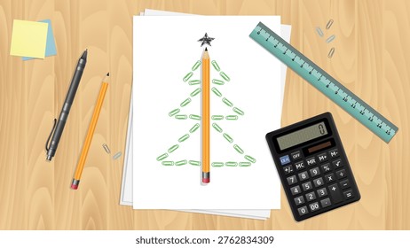 A unique festive illustration showcasing a Christmas tree creatively assembled using everyday stationery supplies. The composition features a bright yellow pencil forming the trunk, while carefully arranged green paper clips create the appearance of branches on a clean white sheet. This imaginative concept blends minimal design with holiday spirit, making it ideal for seasonal promotions, educational visuals, or artistic backgrounds. The setting includes a natural wooden desk surface that enhances warmth and authenticity, complemented by surrounding office essentials such as a ruler, pen, calculator, and colorful sticky notes.

This visually engaging arrangement highlights innovation through simple materials, offering inspiration for DIY crafts, classroom activities, or creative advertising concepts. The balance of color, texture, and layout gives the artwork a modern flat lay aesthetic, suitable for digital use, print projects, or social media campaigns during the festive season. The use of common desk tools transforms an ordinary workspace into a symbolic holiday scene without relying on traditional decorations.

Perfect for designers, marketers, teachers, or content creators looking for fresh seasonal imagery, this composition represents creativity, resourcefulness, and festive cheer. The clean background ensures versatility, allowing easy integration into various design formats such as banners, greeting cards, posters, or website headers. This concept also reflects eco-friendly and minimal approaches to holiday art by reimagining available materials in an inventive way.