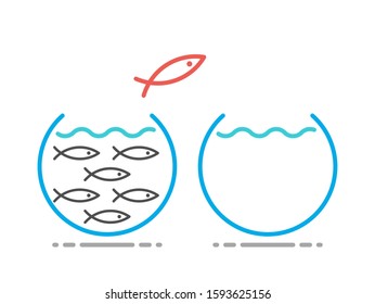Unique fish jumping from crowded fishbowl in new one. Solitude, abundance and scarcity mentality, independence, improvement, ambition concept. EPS 8 vector illustration, no transparency, no gradients
