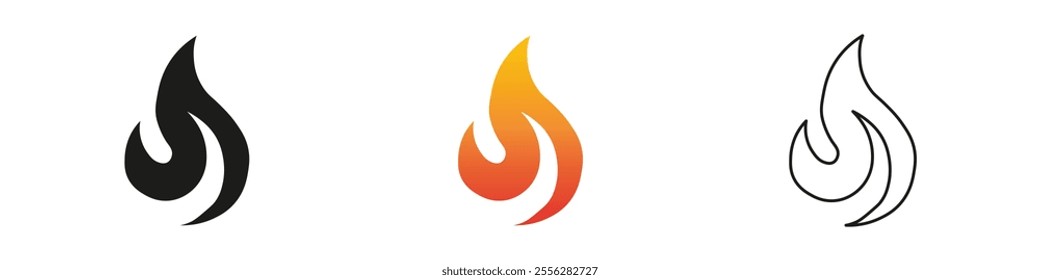 Unique flame designs showcasing various colors and shapes. Fire icon vector set. Flame icon collection. Fire flame symbol. Black, gradient, line set