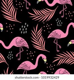 Unique flamingos seamless with coconut leaves in black background. 