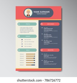 Unique Flat Color Curriculum Vitae Design Template With Photo or Avatar Placeholder