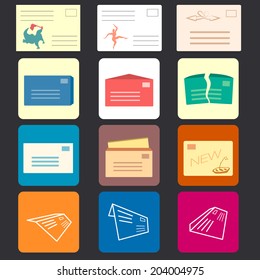 Unique flat vector front faced envelopes and cards set. Framed front faced perspective envelopes and bonus pictures on icons. 