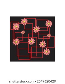  A unique floral design featuring red squares and abstract flowers on a black background. Suitable for modern art and decorative purposes.