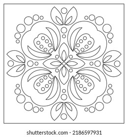 Unique floral mandala art design. Adult coloring pages. Abstract image of split fruits and their seeds. Black on white pattern. Good mood. Relieve stress and anxiety. EPS8 #594