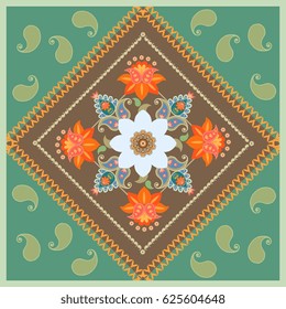 Unique floral pattern with stylized daffodil flower and paisley. Medallion. Lovely tablecloth, packaging design, square rug. Bandana print, greeting card, pillowcase.