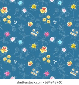 Unique floral pattern with white silhouette and colorful gardening flowers. Beautiful summer design. EPS 10.