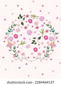 Unique floral vector design with charming blooms, forming a wreath. Great for cards, posters, apparel, and home accents. Vector illustration.