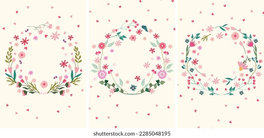 Unique floral vector design with charming blooms, forming a wreath. Great for cards, posters, apparel, and home accents. Vector illustration.