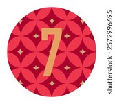 Unique floral-inspired circular design featuring a gold number 7 with red and pink petal motifs and star highlights, perfect for luxury branding or artistic decorations.
