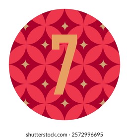 Unique floral-inspired circular design featuring a gold number 7 with red and pink petal motifs and star highlights, perfect for luxury branding or artistic decorations.