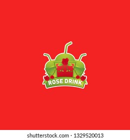 Unique Flower Rose Cup Drink logo icon with rose flower and three green plastic cup drink illustration