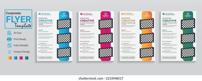 Las plantillas de volante únicas están establecidas en 4 colores de diseño azul violeta naranja. Este es un volante de negocios creativo en moderno uso para el afiche del folleto de promoción del taller de infografía de eventos corporativos