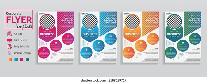 Unique Flyer Templates Set Are In 4 Design Colors Purple Orange Blue. This Is A Creative Business Flyer In Modern Used For Corporate Event Conference Infographic Workshop Promotion Brochure Poster