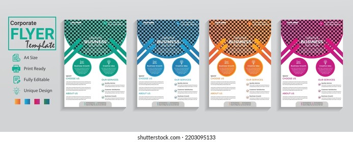 Las plantillas de volante únicas están establecidas en 4 colores de diseño azul violeta naranja. Este es un volante de negocios creativo en moderno uso para el afiche del folleto de promoción del taller de infografía de eventos corporativos