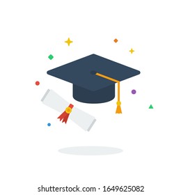 Unique flying Graduation Education Graduate flat badge icon vector for website and any digital needs, black, navy, yellow, white