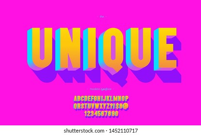 Unique font 3d bold style for poster, t shirt, decoration, banner, infographics, motion graphic, kids book, flyer, printing, industrial. Cool typeface. Trendy alphabet. Vector 10 eps