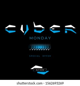 Unique font and buy now button. A computer processor element is shown. Black background, white-blue elements. Cyber Monday, online business, web banner, poster. Visual content.Ui design.