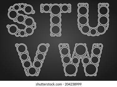 Unique font design made of many circles. In this set you will find the letters s t u v w