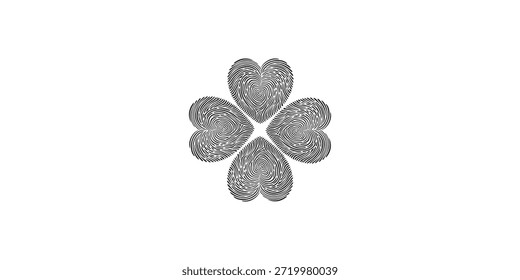 Un diseño único de trébol de cuatro hojas creado a partir de huellas dactilares, presentado en una paleta en blanco y negro, que simboliza la suerte y la individualidad.