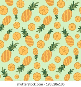 Unique fresh pineapple vector seamless pattern design. Awesome for spring summer vintage fabric, textile, wallpaper, scrapbooking, gift wrap, accessories, and clothing. Surface pattern design.