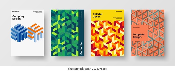 Unique front page A4 vector design concept set. Multicolored mosaic pattern brochure layout bundle.