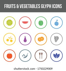 Conjunto de iconos de glifos vectoriales de frutas y verduras únicas