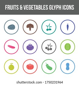 Conjunto de iconos de glifos vectoriales de frutas y verduras únicas