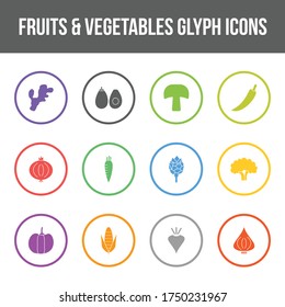 Conjunto de iconos de glifos vectoriales de frutas y verduras únicas