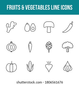 Unique fruits & vegetables vector line icon set