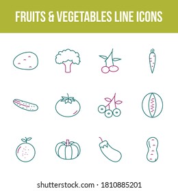 Unique fruits & vegetables vector line icon set