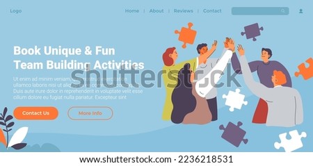 Unique and fun team building activities for company members and employees. People resting with workers colleagues on weekends. Website landing page template, internet site. Vector in flat style