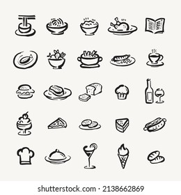 Unique and funny food icons drawn with a brush