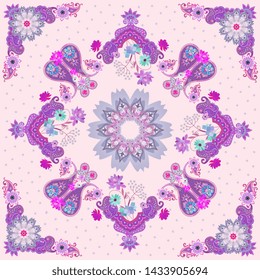 Unique gentle pattern in ethnic style. Luxury paisley ornament, mandalas and garden flowers on light peach background. Silk scarf, tablecloth, doily.