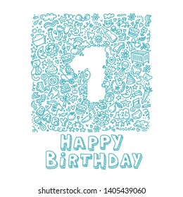 Unique gentle vector doodle card template with number one year. Lettering Happy Birthday to baby invitation, children's holiday design. Funny background for greeting postcard, poster, print on t-shirt