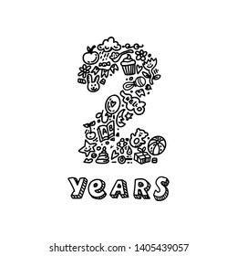 Unique gentle vector doodle cards template with number two years. Happy Birthday to baby invitation, card for children's holiday design. Funny background for greeting postcard, poster, print t shirt.