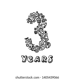 Unique gentle vector doodle cards template with number three years. Happy Birthday to baby invitation, card for children's holiday design. Funny background for greeting postcard, poster, print 