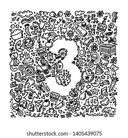 Unique gentle vector doodle cards template with number three. Happy Birthday to baby invitation, card for children's holiday design. Funny background for greeting postcard, poster, print on t-shirt