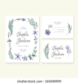 Unique gentle vector wedding cards template with watercolor. Wedding invitation or save the date, RSVP and thank you card for bridal design. Vector watercolor collection with floral decoration. 