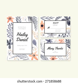 Unique gentle vector wedding cards template with watercolor. Wedding invitation or save the date, RSVP, thank you card for bridal design. Vector watercolor postcard collection with floral decoration. 