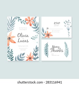 Unique gentle vector wedding cards template with watercolor. Wedding invitation or save the date, RSVP and thank you card. Vector watercolor postcard collection with floral decoration. 