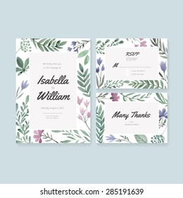 Unique gentle vector wedding cards template with watercolor. Wedding invitation or save the date, RSVP and thank you card for bridal design. Vector watercolor postcard with floral decoration. 