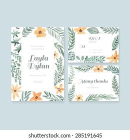 Unique gentle vector wedding cards template with watercolor. Wedding invitation or save the date, RSVP and thank you card for bridal design. Vector watercolor postcard collection with florals. 